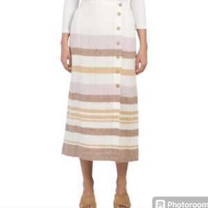 Rachel Zoe Button Down Multi-Colored Stripe 100% Linen Midi Skirt X-Large 12-14